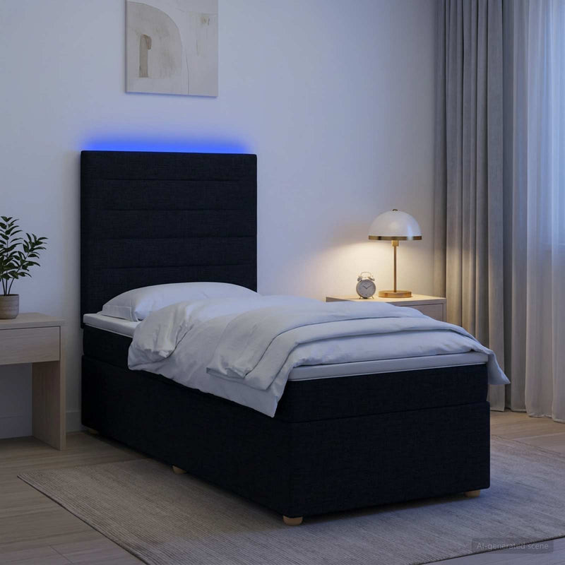 Pat boxspring cu saltea cu benzi LED Negru 80 x 200 cm Țesătură