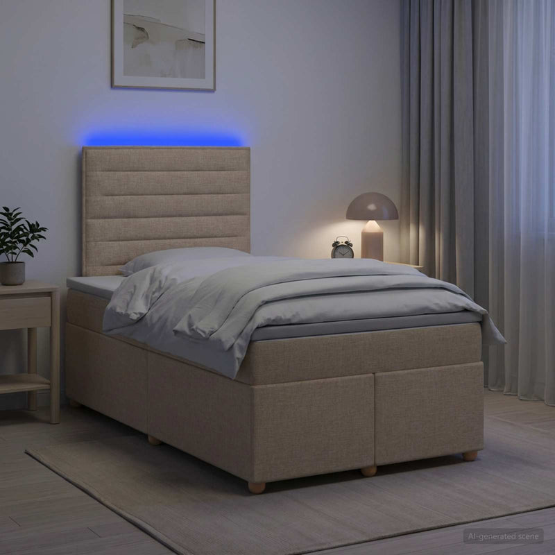 Pat boxspring cu saltea cu benzi LED Crem 120 x 190 cm Țesătură
