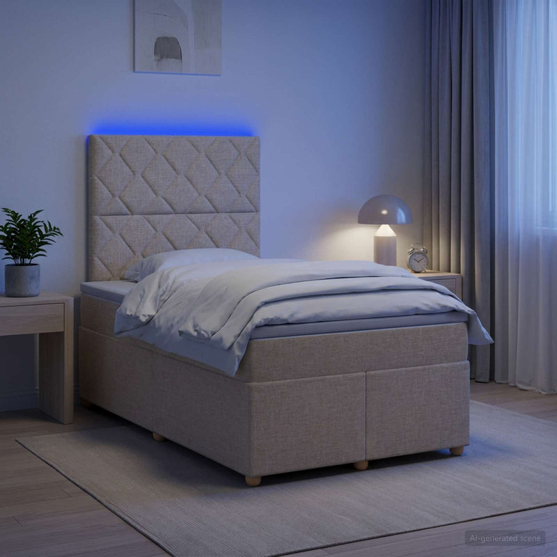 Pat boxspring cu saltea cu benzi LED Crem 120 x 190 cm Țesătură