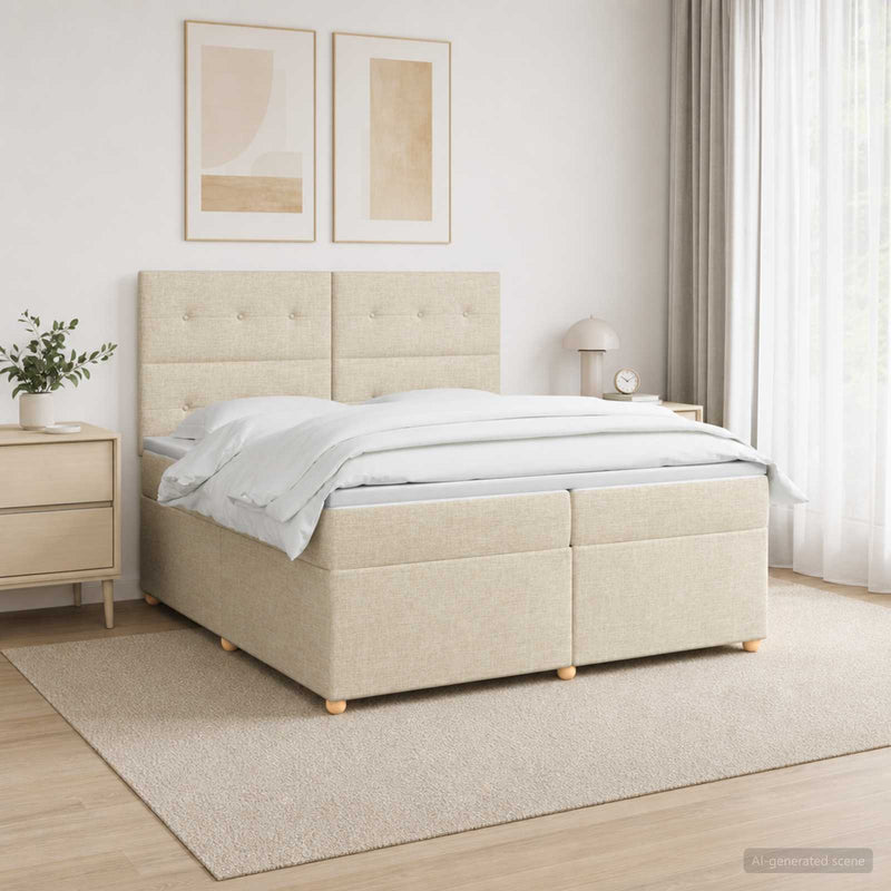 Pat boxspring cu saltea cu benzi LED Crem 200 x 200 cm Țesătură