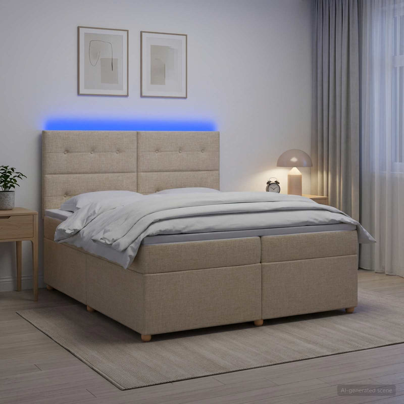 Pat boxspring cu saltea cu benzi LED Crem 200 x 200 cm Țesătură