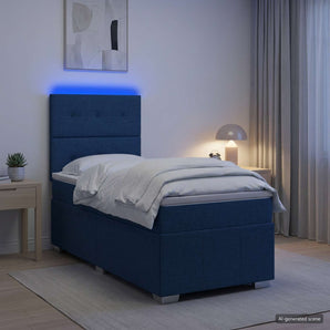 Pat cu arcuri LED și saltea albastru 90 x 200 cm Țesătură