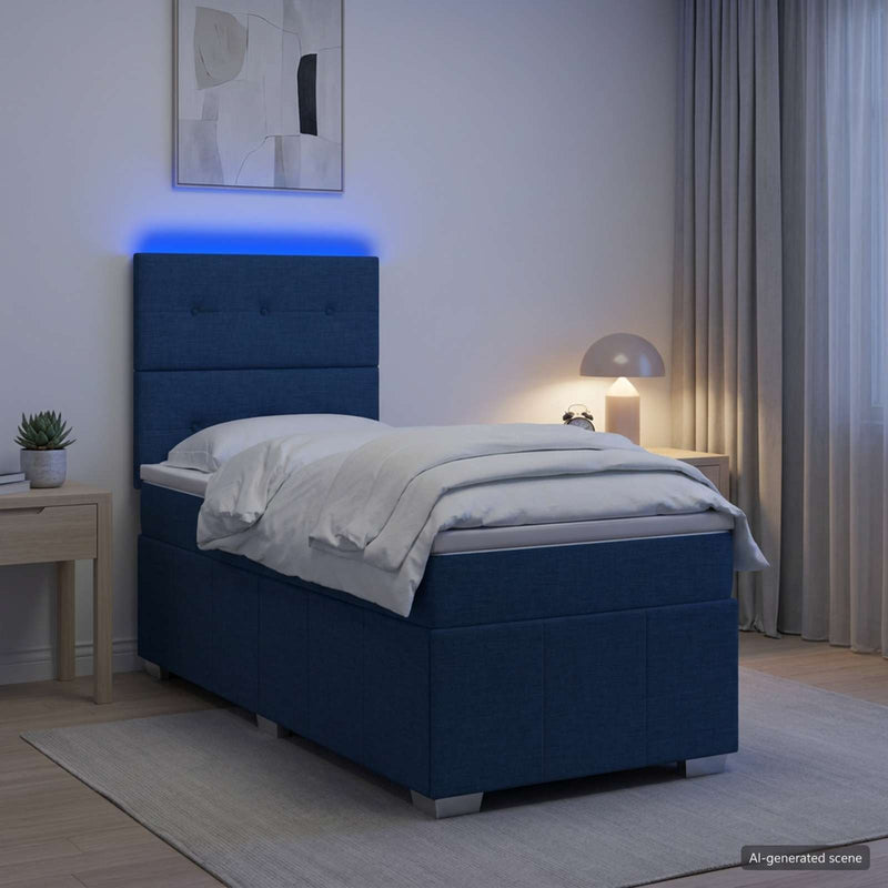 Pat cu arcuri LED și saltea albastru 100 x 200 cm Țesătură