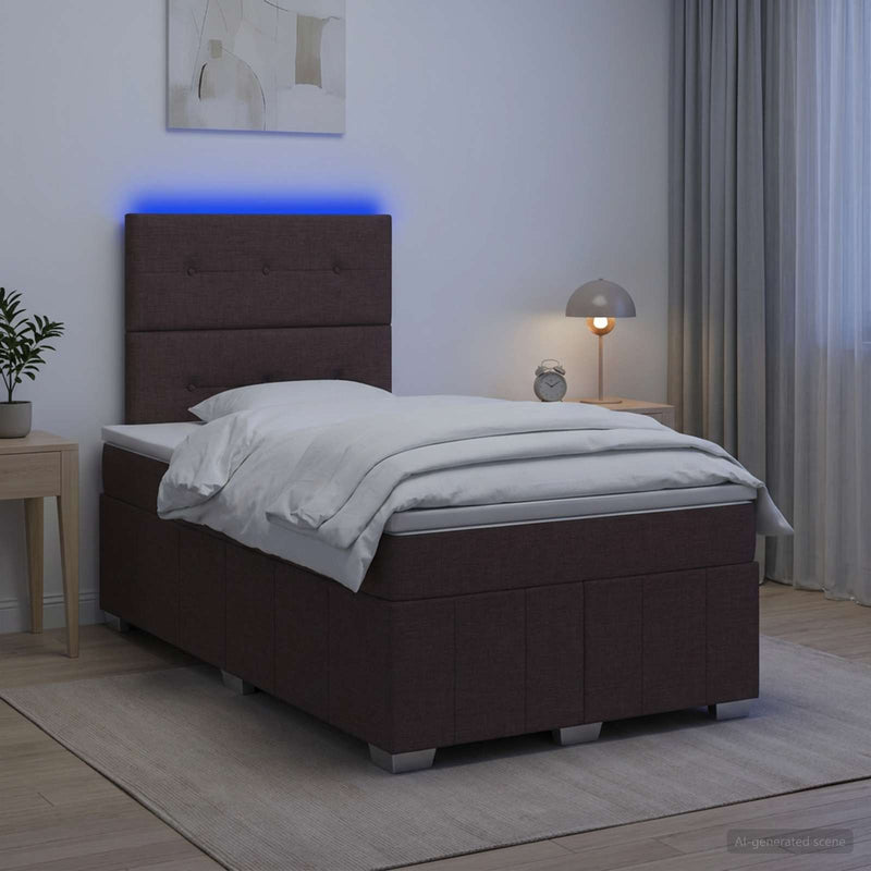 Pat cu arcuri LED și saltea Maro închis 120 x 190 cm Țesătură