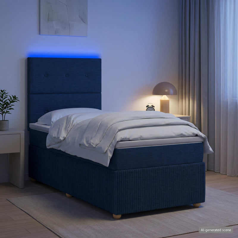 Pat cu arcuri LED și saltea albastru 90 x 190 cm Țesătură