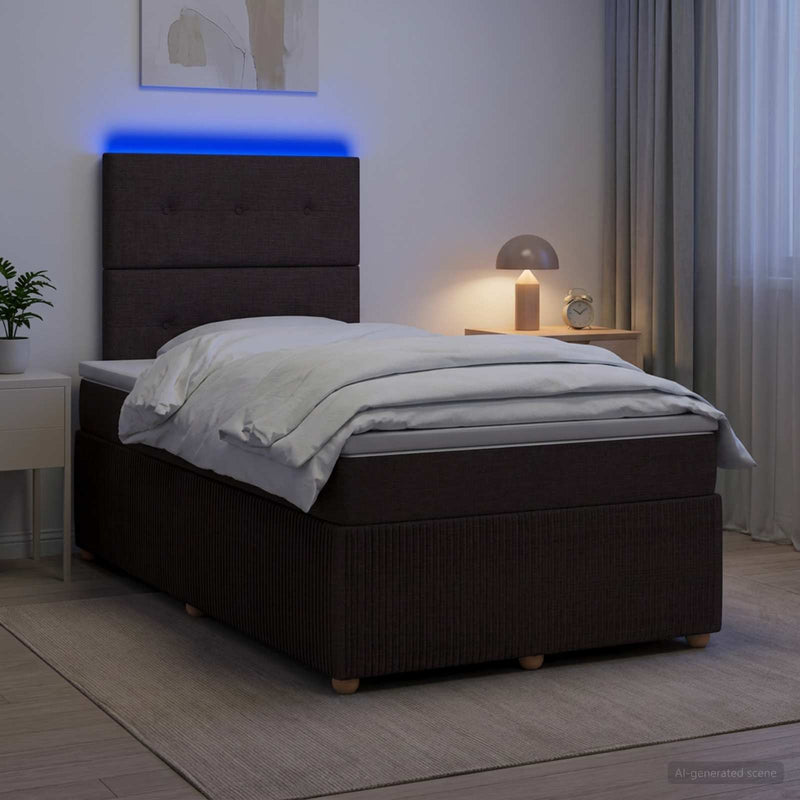 Pat cu arcuri LED și saltea Maro închis 120 x 200 cm Țesătură