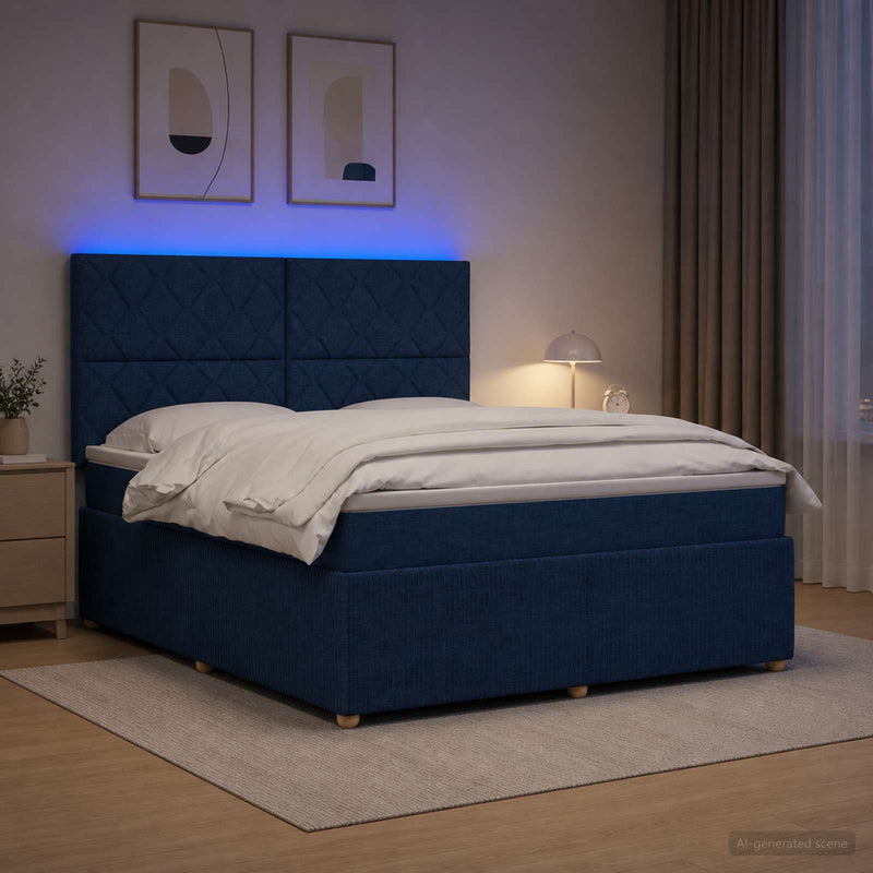 Pat cu arcuri LED și saltea albastru 140 x 190 cm Țesătură