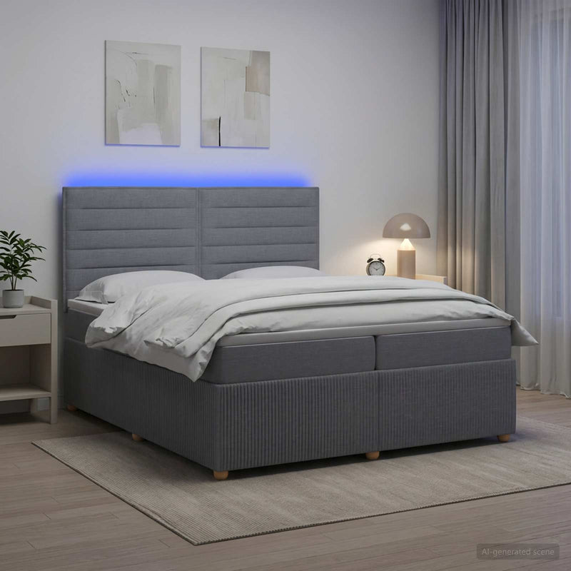 Pat cu arcuri LED și saltea Gri deschis 200 x 200 cm Țesătură