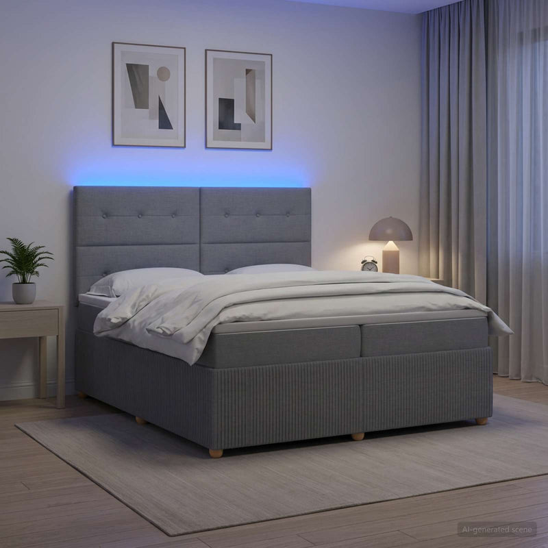 Pat cu arcuri LED și saltea Gri deschis 200 x 200 cm Țesătură