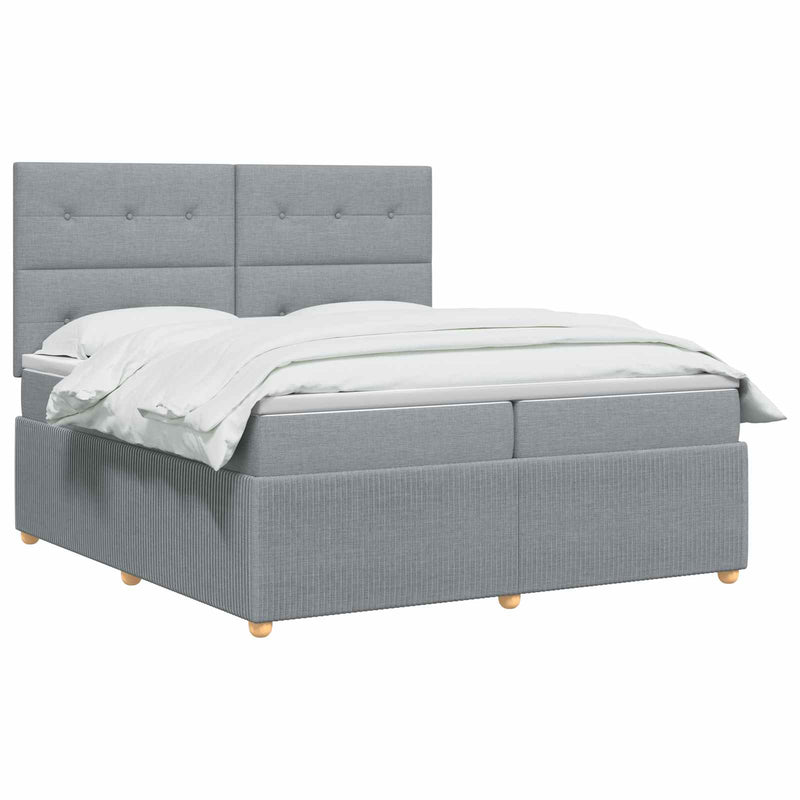 Pat cu arcuri LED și saltea Gri deschis 200 x 200 cm Țesătură