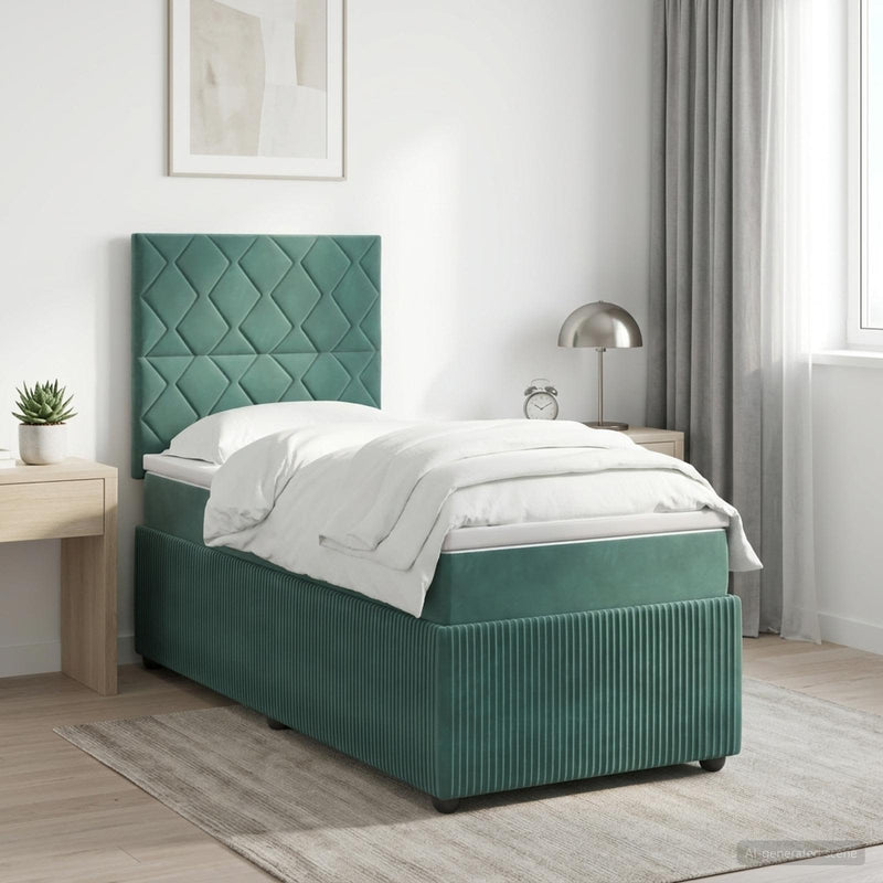 Pat cu arcuri LED și saltea Verde închis 90 x 190 cm Catifea