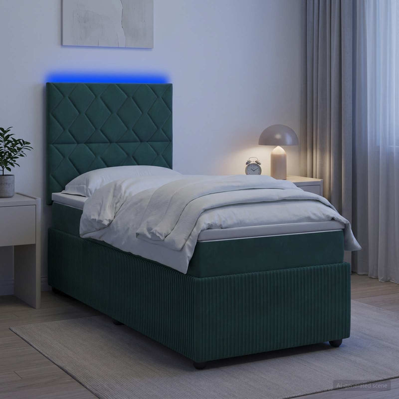 Pat cu arcuri LED și saltea Verde închis 90 x 190 cm Catifea