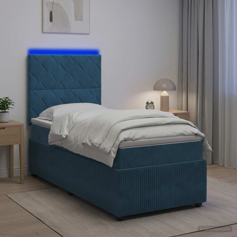 Pat cu arcuri LED și saltea albastru 90 x 190 cm Catifea