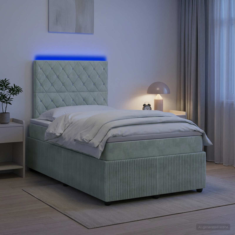 Pat cu arcuri LED și saltea Gri deschis 120 x 190 cm Catifea