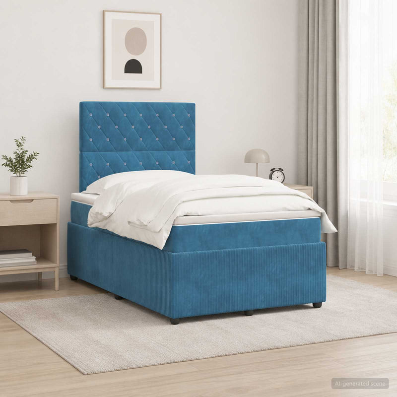 Pat cu arcuri LED și saltea albastru 120 x 190 cm Catifea