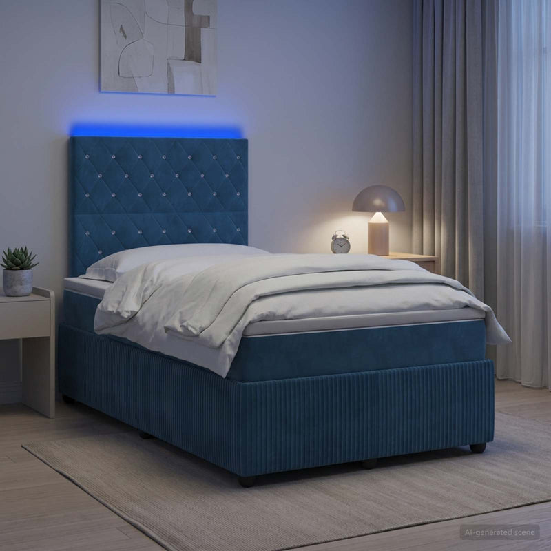 Pat cu arcuri LED și saltea albastru 120 x 190 cm Catifea