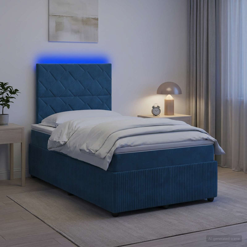 Pat cu arcuri LED și saltea albastru 120 x 190 cm Catifea