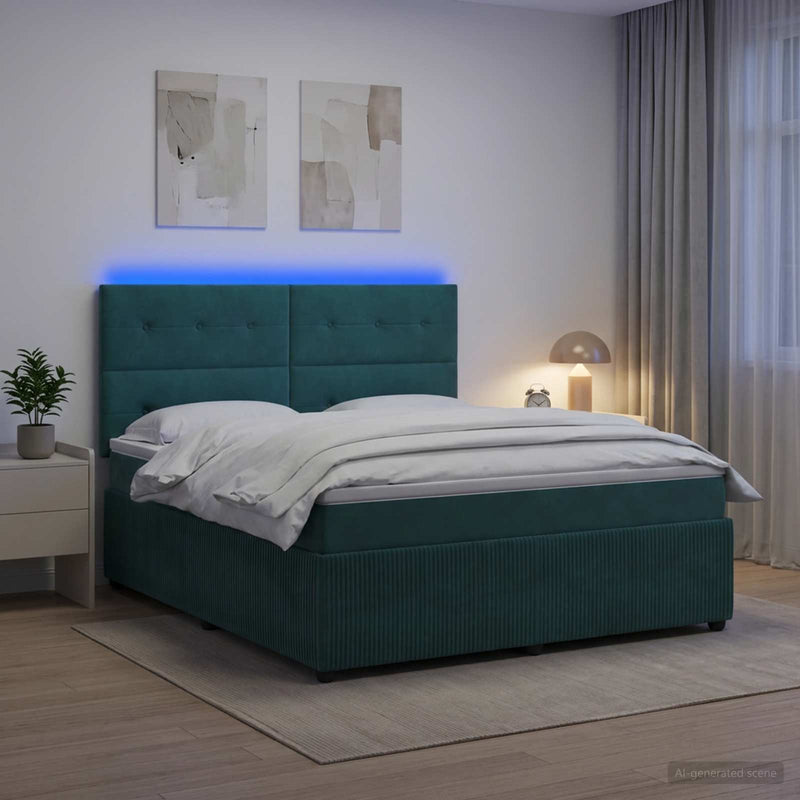 Pat cu arcuri LED și saltea Verde închis 140 x 200 cm Catifea