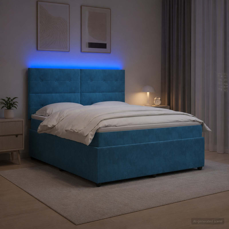 Pat cu arcuri LED și saltea albastru 140 x 200 cm Catifea