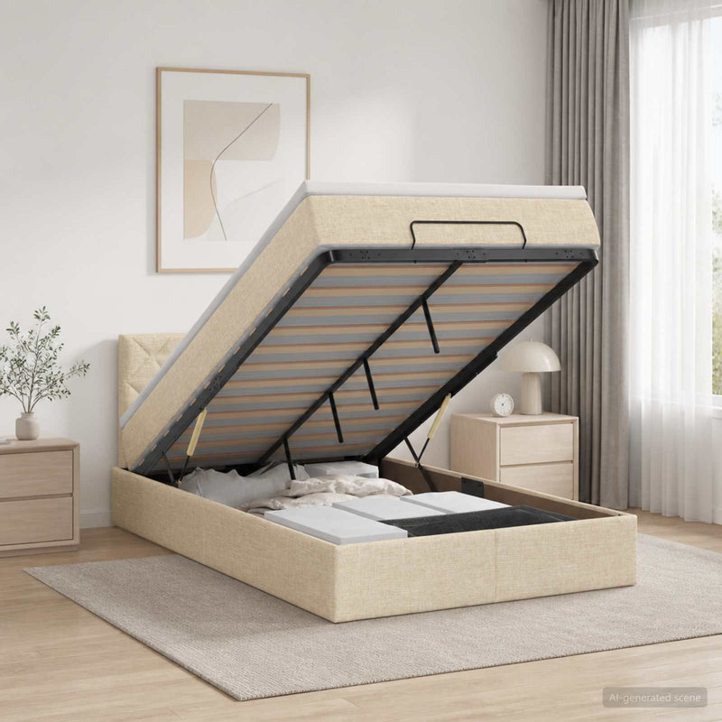 Pat ottoman cu saltea cu headboard Crem 120 x 190 cm Țesătură