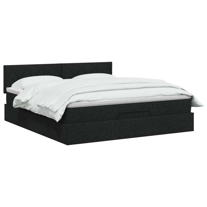 Pat ottoman cu saltea cu headboard Negru 160 x 200 cm Țesătură