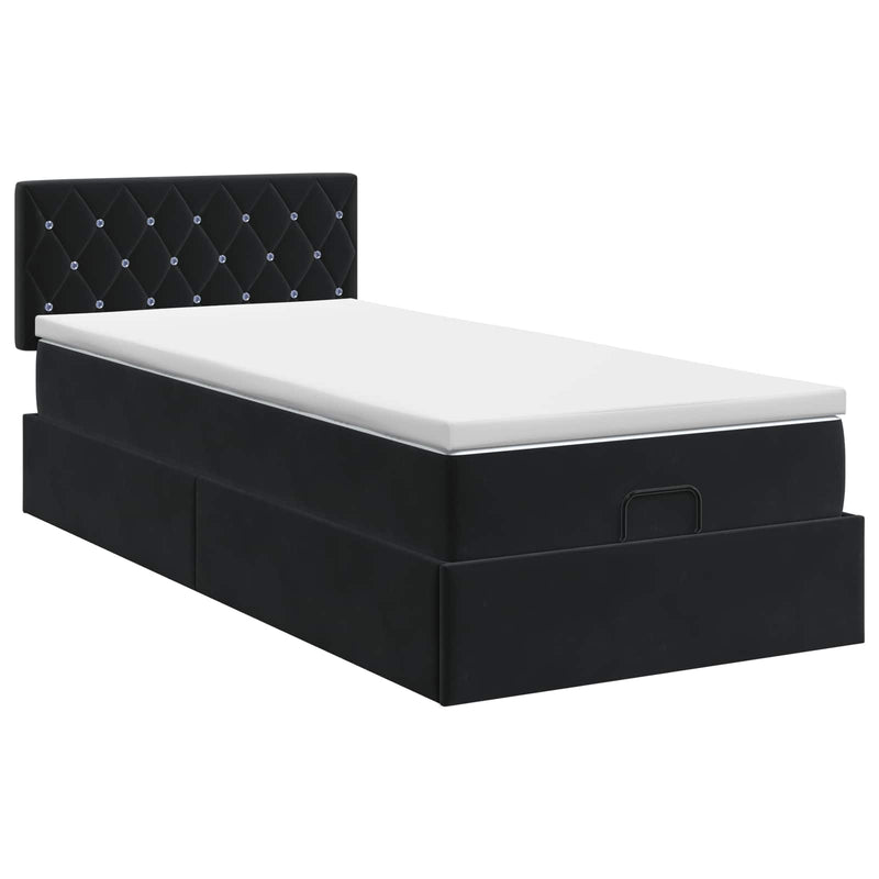 Pat ottoman cu saltea cu headboard Negru 80 x 200 cm Catifea