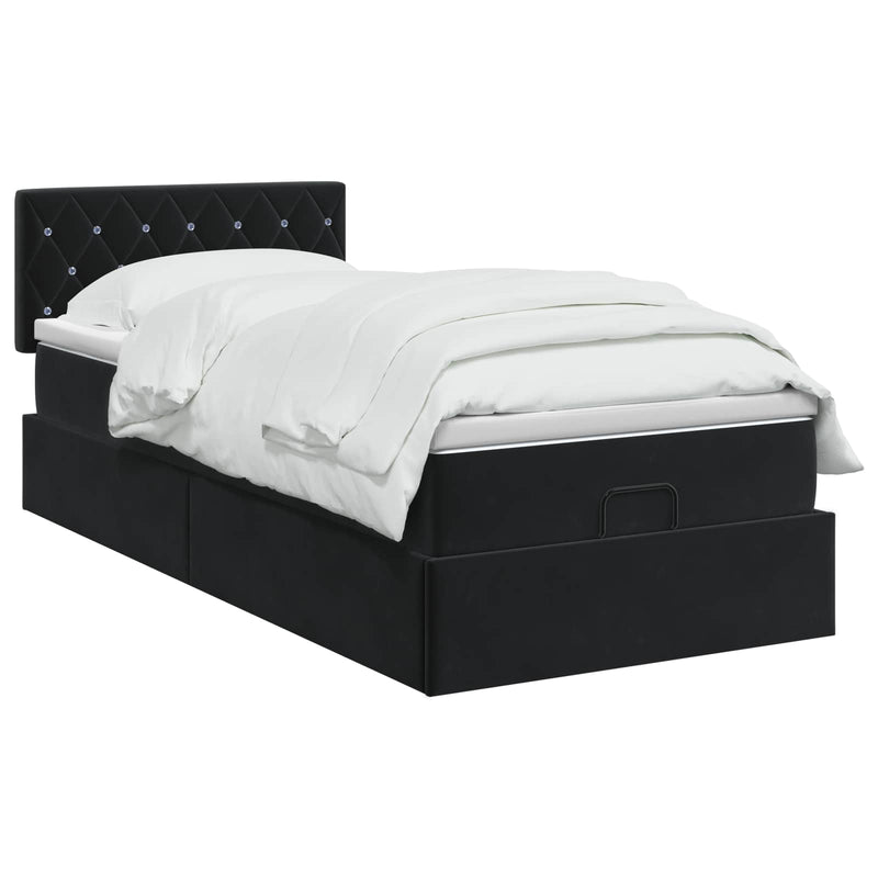 Pat ottoman cu saltea cu headboard Negru 80 x 200 cm Catifea