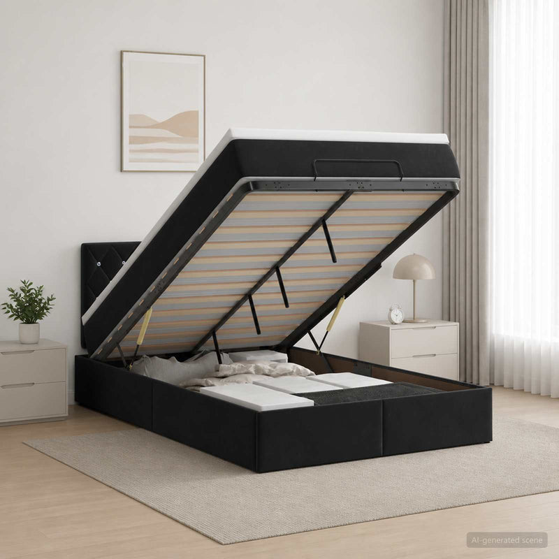 Pat ottoman cu saltea cu headboard Negru 120 x 190 cm Catifea