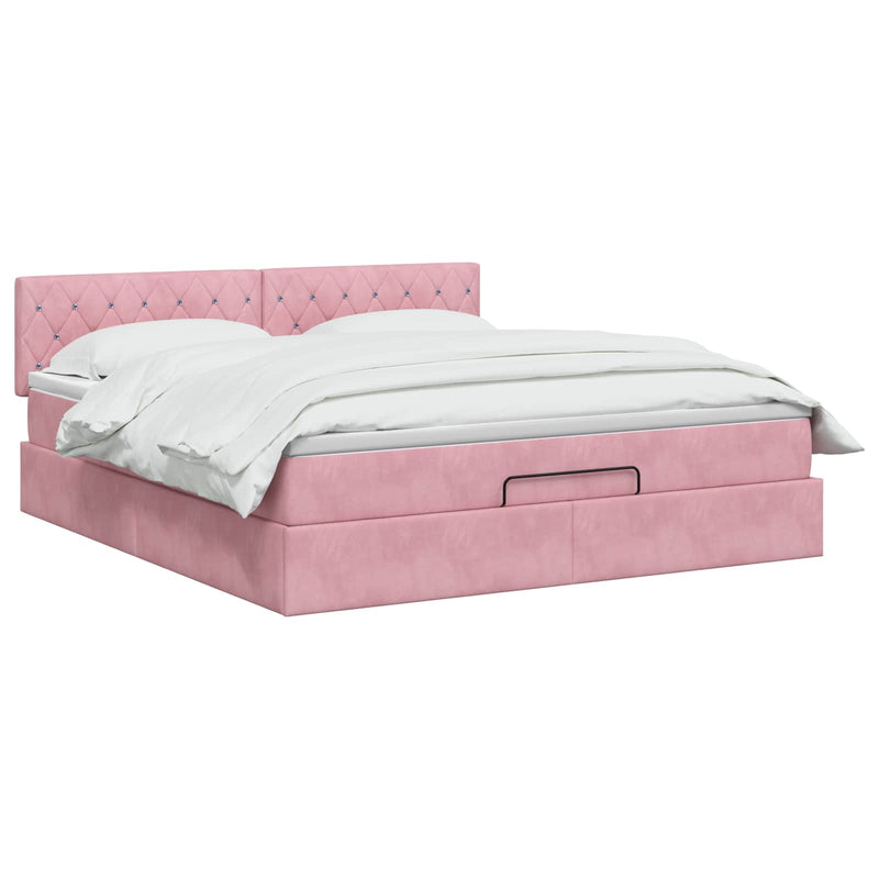 Pat ottoman cu saltea cu headboard Roz 140 x 190 cm Catifea
