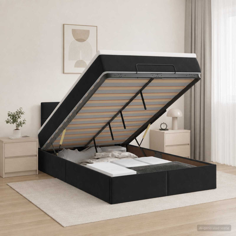 Pat ottoman cu saltea cu headboard Negru 120 x 190 cm Catifea