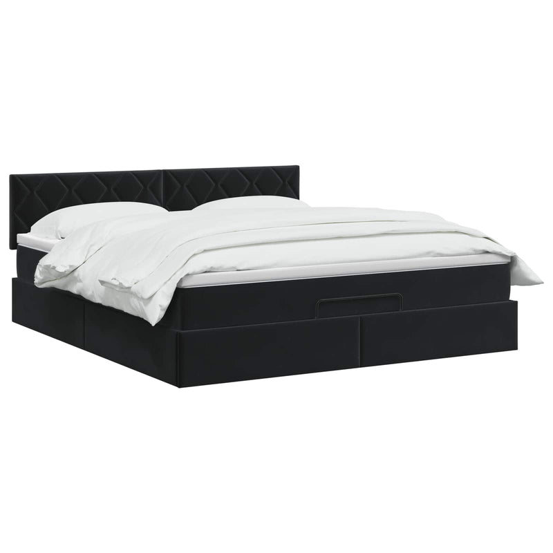Pat ottoman cu saltea cu headboard Negru 140 x 200 cm Catifea