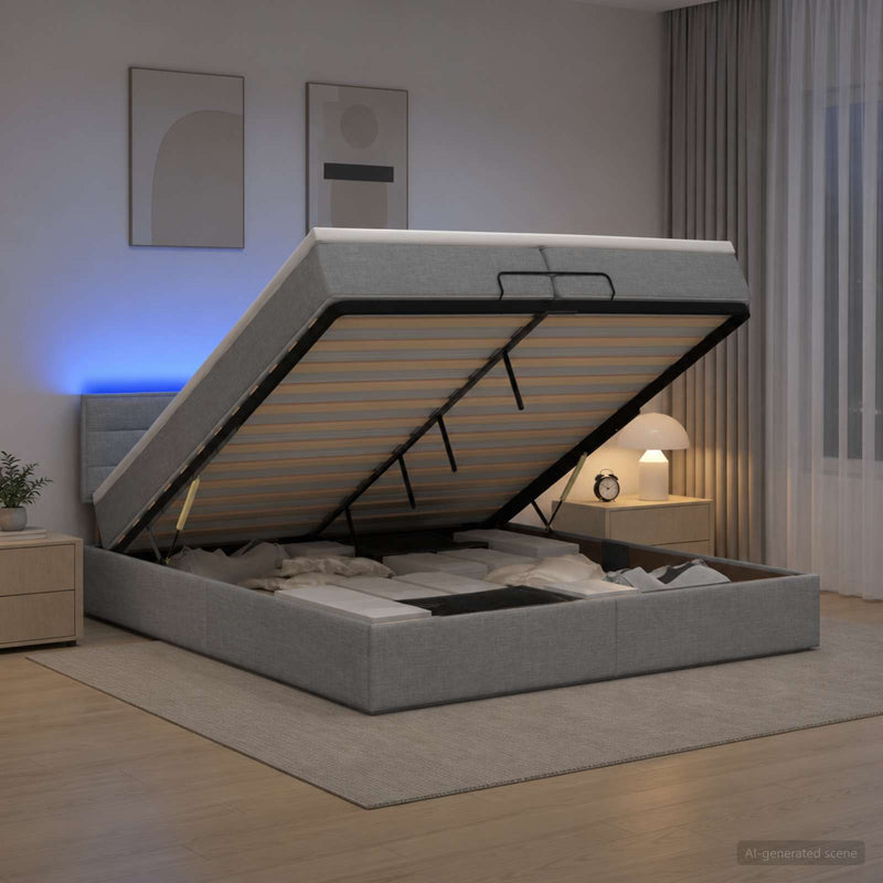 Pat Ottoman cu Saltea și LED Gri deschis 200 x 200 cm Țesătură