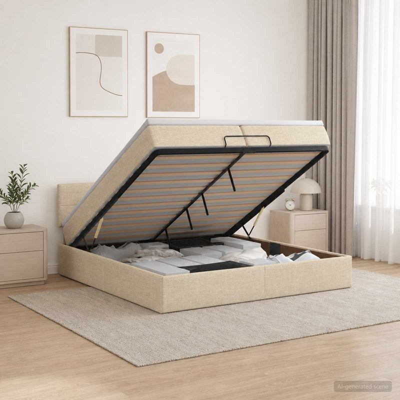 Pat ottoman cu saltea cu headboard Crem 200 x 200 cm Țesătură