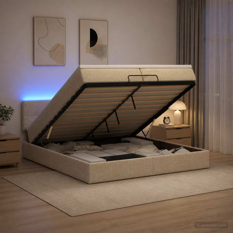 Pat Ottoman cu Saltea și LED Crem 200 x 200 cm Țesătură