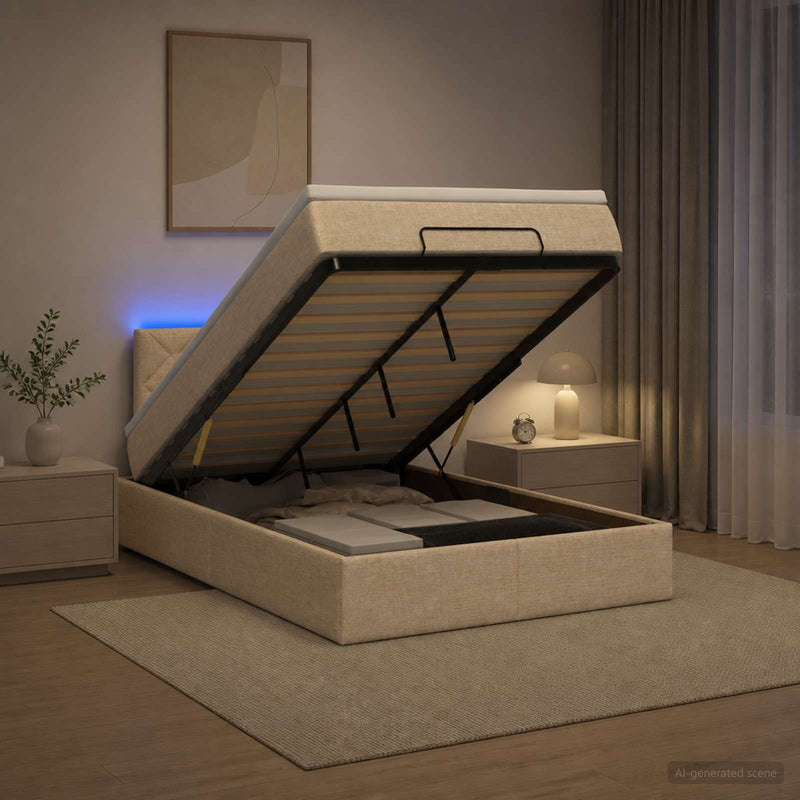 Pat Ottoman cu Saltea și LED Crem 120 x 190 cm Țesătură