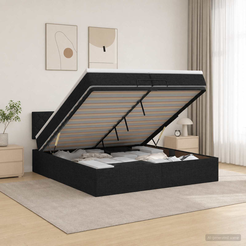 Pat ottoman cu saltea cu headboard Negru 200 x 200 cm Țesătură