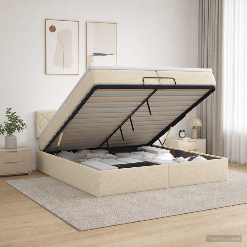 Pat ottoman cu saltea cu headboard Crem 200 x 200 cm Țesătură