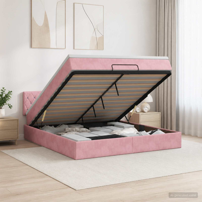 Pat ottoman cu saltea cu headboard Roz 140 x 190 cm Catifea