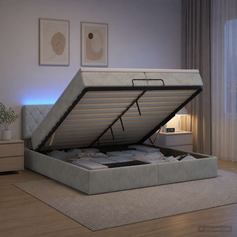 Pat Ottoman cu Saltea și LED Gri deschis 200 x 200 cm Catifea