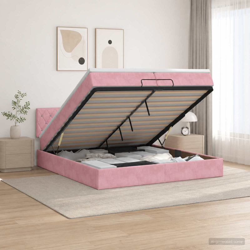 Pat ottoman cu saltea cu headboard Roz 200 x 200 cm Catifea