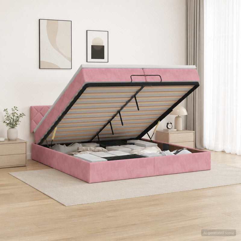 Pat Ottoman cu Saltea și LED Roz 200 x 200 cm Catifea
