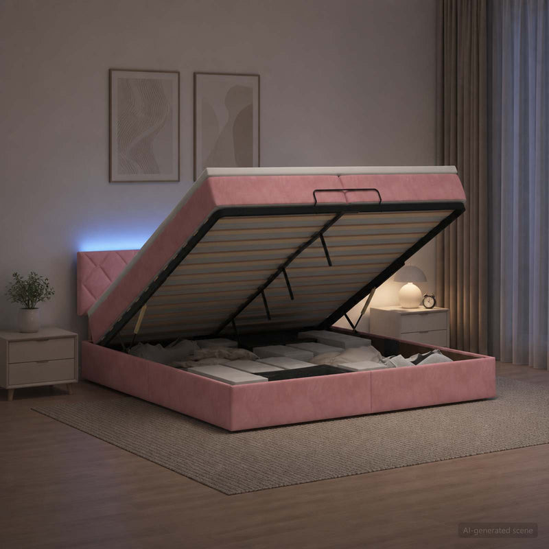 Pat Ottoman cu Saltea și LED Roz 200 x 200 cm Catifea
