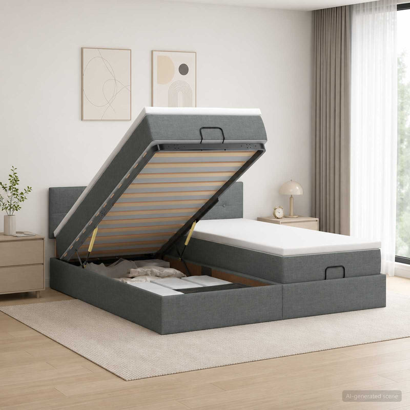 Pat ottoman cu saltea cu headboard 2 buc. Gri închis Țesătură