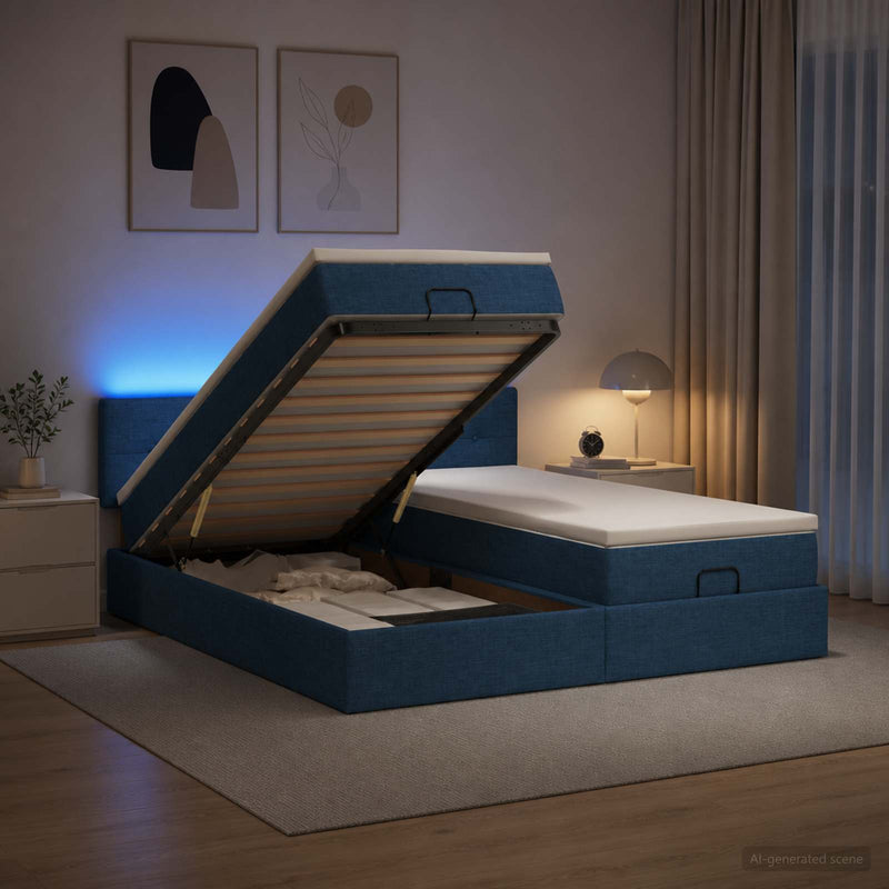 Pat Ottoman cu Saltea și LED albastru 200 x 200 cm Țesătură