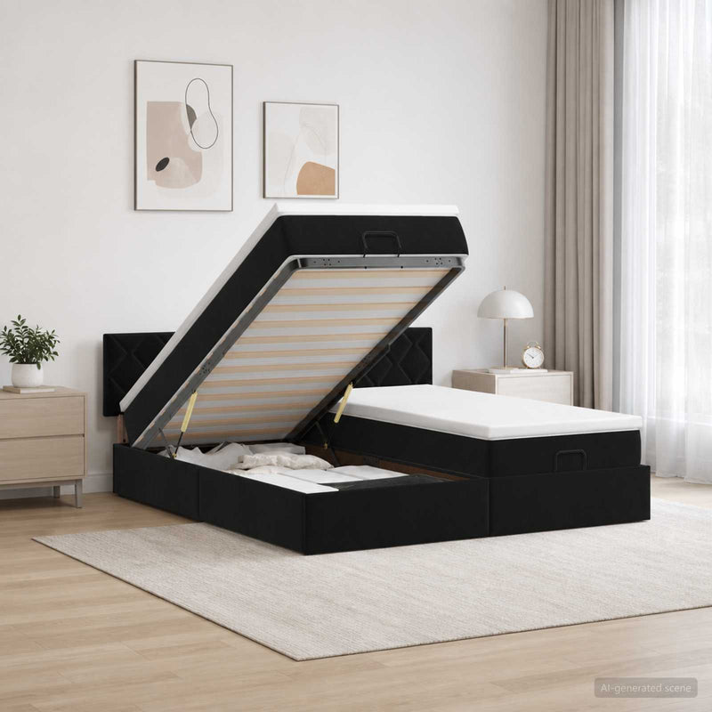 Pat ottoman cu saltea cu headboard 2 buc. Negru Catifea