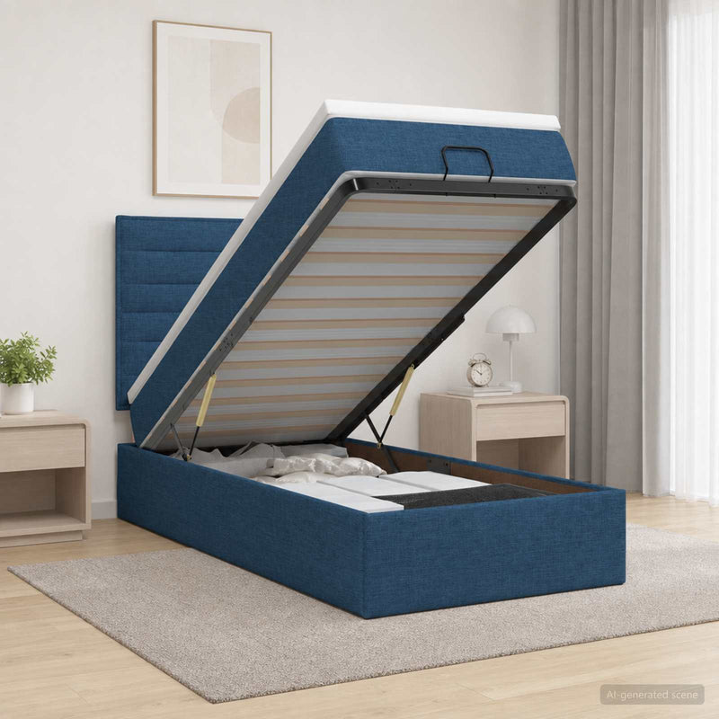 Pat Ottoman cu Saltea și LED albastru 90 x 200 cm Țesătură