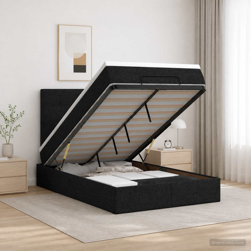 Pat ottoman cu saltea cu headboard Negru 120 x 190 cm Țesătură