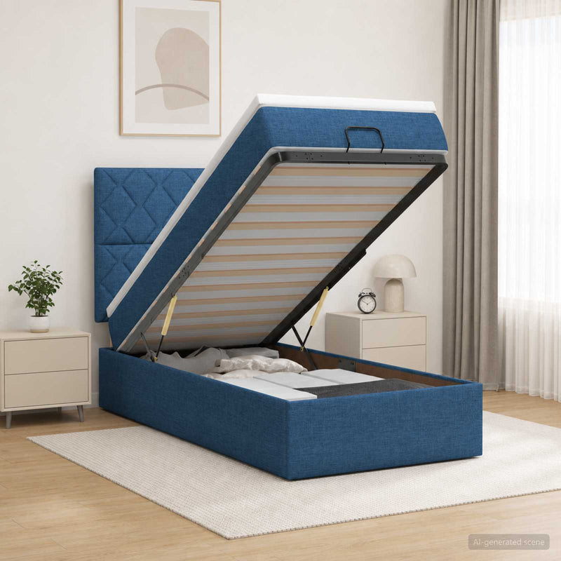 Pat Ottoman cu Saltea și LED albastru 90 x 190 cm Țesătură