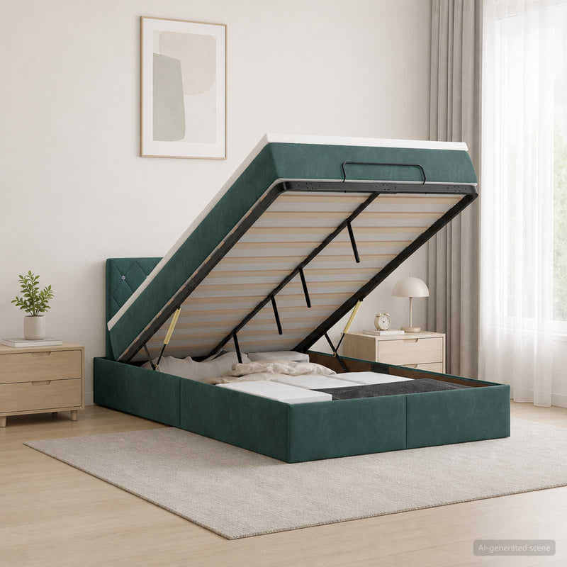 Pat Ottoman cu Saltea și LED Verde închis 120 x 200 cm Catifea