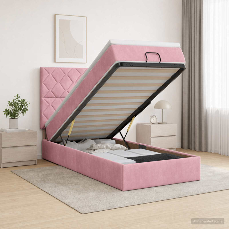 Pat ottoman cu saltea cu headboard Roz 80 x 200 cm Catifea